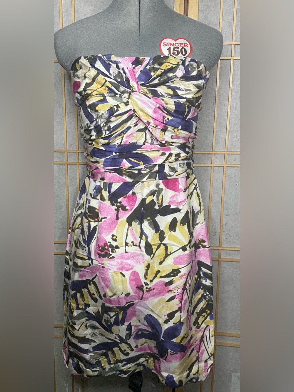 Banana Republic Strapless Twist-Front Floral Dress in Pink, Yellow & Navy